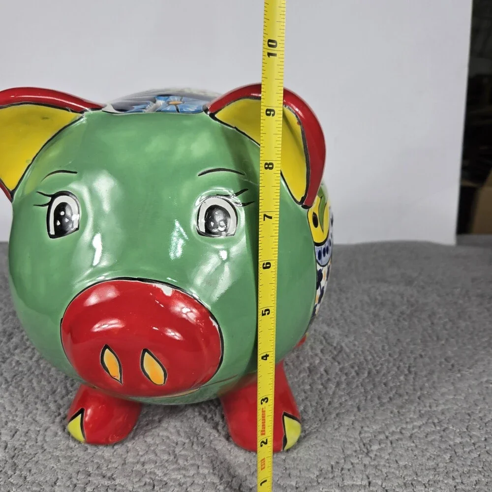 Talavera Piggy Bank Mexican Pottery Art Hand Painted 9.5 x 7.5 X 8 In